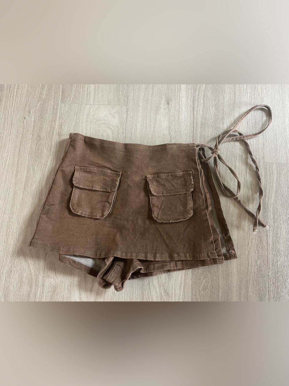 Brown Tie-Side Mini Skirt with Patch Pockets